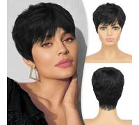 RUWISS Pixie Cut Parrucca Umano Capelli con Frangia Parrucca Umano Capelli Naturali Neri Breve Storia Ondulato Diversi Stili di Parrucche Corte per Donne Nere