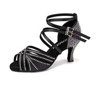 RUYBOZRY Scarpe da Ballo Latino Donna con Strass Punta Aperta Raso Standard Ballroom Salsa Tango Sandali Ballo Latino,YC-D27-Suola in Scamosciata-7.5,Nero,EU 40