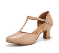 RUYBOZRY Scarpe da Ballo Latino Donna Punta Chiusa T-Strap Salsa Scarpe Ballo da Sala Standard Carattere,YCD29-6-Suede Sole,Dark Nude,EU 38.5