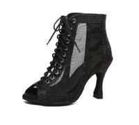 RUYBOZRY Stivaletti Ballo Latino Donna Americano in Raso con Strass Stivaletto da Ballo Salsa e Bachata con Tacco 8.5cm Suola in Scamosciato,Nero,EU 38