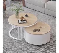 RUYICZB Set di 2 Tavolini Rotondi con Contenitore, Tavolini da caffè in Legno Impilabili, Tavolini Centrali da 2 Pezzi con Gambe in Metallo, Tavolino Centrale Circolare per Soggiorno,Natural