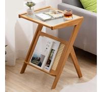 RUYICZB Tavolino Laterale in Rattan Bohémien, Tavolino A Forma Di Z, Tavolini Da Caffè in Vetro Con Contenitore, Tavolini Moderni Per Soggiorno, Camera Da Letto, Divano, Piccolo Spazio,Wood,S