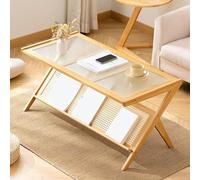 RUYICZB Tavolino Laterale in Rattan Bohémien, Tavolino A Forma Di Z, Tavolini Da Caffè in Vetro Con Contenitore, Tavolini Moderni Per Soggiorno, Camera Da Letto, Divano, Piccolo Spazio,Wood,L