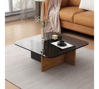 RUYICZB Tavolino Quadrato Con Piano in Vetro, Tavolino Centrale Per Soggiorno in Vetro Temperato, Tavolini Quadrati in Acciaio Inox, Tavoli Moderni Per Piccoli Spazi,Gray oak,70cm