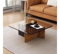 RUYICZB Tavolino Quadrato Con Piano in Vetro, Tavolino Centrale Per Soggiorno in Vetro Temperato, Tavolini Quadrati in Acciaio Inox, Tavoli Moderni Per Piccoli Spazi,Tea black oak,80cm