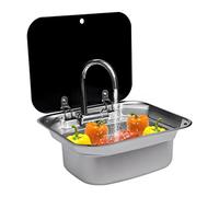RV - Lavello da campeggio in acciaio inox, con rubinetto dell'acqua calda e fredda, per camper, roulotte, barche, 41 x 36,5 x 16 cm
