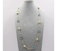 RVBLRDSE Cultured White Pearl Blue Crystal Bezel Set Gold Plated Rosary Chain Station Long Necklace 32"