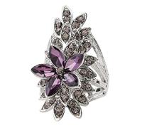 RVHAOODI Anelli di fiori di cristallo di moda per donne aaa viola in vetro tibetano argento anello di dito di gioielleria raffinata
