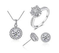 RVHAOODI Circle Jewellery Set Silver Women's Earrings Necklace Rings Zirconia Glitter Jewellery Set Fashion Idea Band Ring Necklace Stud Earrings Wedding Party Jewellery Sets for Women # 7