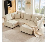 Rvjiahe Divano angolare moderno 5 posti con a righe verticali,divano componibile a U con poggiapiedi trasformabile,divano modulare a L,220x194x85cm,cotone e lino,per soggiorno/appartamento (Beige)