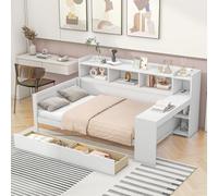 Rvjiahe Divano Letto con Cassetti,Letto piatto,Letto Singolo,ipiano del comodino e ripiano sotto il tavolo, letto con presa e connessione USB,scrivania,senza materasso (Bianco, 90cm×200cm)