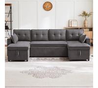 Rvjiahe Divano letto con funzione di sonno, divano a forma di U, divano imbottito, tessuto di cotone e lino, con porta bevande, due ripostigli, adatto per famiglie, soggiorni e altri luoghi (grigio, 4