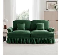 Rvjiahe Elegante divano a 2 posti di grandi dimensioni in stile medievale-moderno, con braccioli svasati, volant rimovibile e gambe in legno - Comodo tessuto ciniglia, ideale per il soggiorno (Verde)