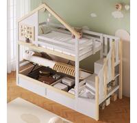 Rvjiahe Letto a castello, 90 x 200 cm, idraulico, con rete per letto, spazio sotto il letto, decorazione per finestre e casa, bianco e naturale (bianco + naturale, 90 x 200 cm)