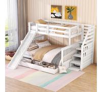 Rvjiahe Letto a castello, 90 x 200 su 140 x 200, Con cassetti, spazio di archiviazione e scivolo, Multifunzionale, materasso non incluso (Bianco, 140cm*200cm)