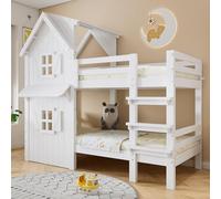 Rvjiahe Letto a castello, lettino per bambini, belle finestre e tetto, ringhiere di sicurezza laterali, scala diritta a tre gradini, reti a doghe stabili, pino + MDF + compensato, bianco, 90x200 cm