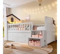 Rvjiahe Letto a mezza altezza, 90 x 200 cm, forma domestica, finestra, 4 cassetti, striscia luminosa a LED, scala cuscinetto, bianco (bianco, 90 x 200 cm)