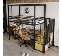 Rvjiahe Letto a soppalco, letto in ferro + MDF, scala con un armadio e ripiani, finestra in pannello acrilico con attrazione magnetica, design libero del piano inferiore, nero + naturale