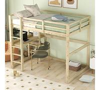 Rvjiahe Letto per bambini Letto a soppalco Struttura del letto con contenitore,interamente in legno di pino,con 4 vani portaoggetti e piano scrittoio (Naturale + Pino, 140cm*200cm)