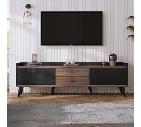 Rvjiahe Mobile TV con due cassetti, tavolo TV, piano basso TV, piano basso con due ante scorrevoli, texture squisita, colore nero e legno naturale, altezza 58/L160/T40 cm (nero)
