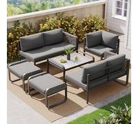 Rvjiahe Set di mobili da giardino in rattan per 6-7 persone, divano ad angolo con struttura in ferro zincato, gambe regolabili, incluso tutto il cuscino per seduta e schienale, grigio