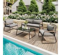 Rvjiahe Set lounge da giardino per 4 persone, con struttura in ferro zincato, piano in vetro temperato, gambe regolabili, inclusi tutti i cuscini per seduta e schiena, grigio (grigio)