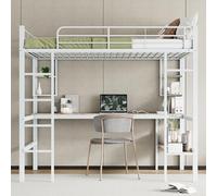 Rvjiahe Telaio letto in metallo 90 x 200 cm,letto in ferro con scrivania, letto a soppalco con quattro piccoli scaffali e una grande libreria per bambini, ragazzi e adulti (Bianco, 140cm×200cm)