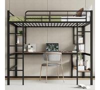 Rvjiahe Telaio letto in metallo 90 x 200 cm,letto in ferro con scrivania, letto a soppalco con quattro piccoli scaffali e una grande libreria per bambini, ragazzi e adulti (Nero, 140cm×200cm)