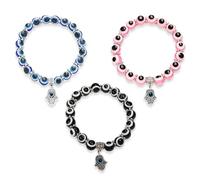 RVYEIOP Set 3 Bracciali Occhio di Allah per Uomo e Donna, Braccialetto Elastico con Perline 18-19cm, Portafortuna Contro il Malocchio, Gioielli Unisex Regalo Compleanno (Nero, Rosa, Blu)