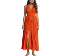 RWGSNB Abito Lungo Estivo Boho Donna Elegante con Scollo V Spacco Laterale Vita Impero Abito Spiaggia Lungo Fluente Balze Senza Maniche Linea Ad Outfit Casual per Le Vacanze Rosso L