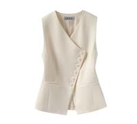 RWGSNB Blazer Senza Maniche Donna Scollo V Completamente Foderato Bottoni Orlo Asimmetrico Gilet Lavoro Elegante Gilet Casual Lavoro con Tasca Beige L