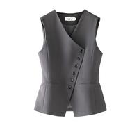 RWGSNB Blazer Senza Maniche Donna Scollo V Completamente Foderato Bottoni Orlo Asimmetrico Gilet Lavoro Elegante Gilet Casual Lavoro con Tasca Grigio L