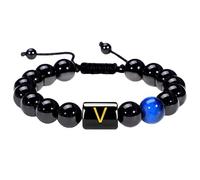 RWGSNB Bracciale di Pietre Preziose, Bracciale Perline Iniziali Uomo e Donna Braccialetto Pietra Naturale Onice Nero e Occhio Tigre Braccialetti Lettere Az Braccialetti Intrecciati Fatti a Mano Piet