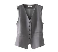 RWGSNB Gilet Donna con Scollo V Morbido Completamente Foderato con Bottoni Elegante Lavoro Ufficio Senza Maniche Casual Tinta Unita Canotta con Tasca Grigio M
