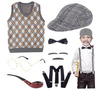 Rwigeboo Costume da vecchio per bambini, divertimento in costume da vecchio uomo di 100 giorni include cappello, occhiali, gilet e altro, nonno per bambini che giocano a ruolo, m per feste, m per