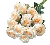 RXKFIGX 12 Pezzi Rose Fiori Artificiali Bouquet di Fiori di Seta Artificiale Rose Champagne Finte in Seta Artificiale per Matrimoni Home Office Cucina Ufficio Giardino（Champagne）