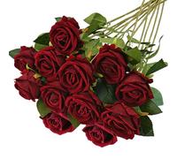RXKFIGX 12 Pezzi Rose Fiori Artificiali Bouquet di Fiori di Seta Artificiale Rose Vino Rosso Finte in Seta Artificiale per Matrimoni Home Office Cucina Ufficio Giardino（Vino Rosso）
