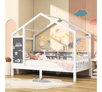 RXMORI Lettino per bambini 90 x 200 cm, in legno con lavagna e libreria, letto per bambini con protezione contro le cadute e rete a doghe, letto per bambini, struttura in legno, senza materasso