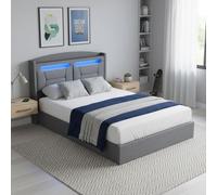 RXMORI Letto imbottito 140 x 190 cm, con LE/D, letto matrimoniale con vano portaoggetti e rete a doghe, con testiera, US/B, letti funzionali, letto idraulico, telaio in lino (grigio B, 140 x 190 cm)