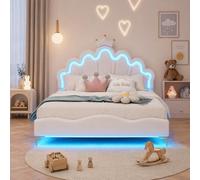 RXMORI Letto singolo da 140 x 190 cm, letto da principessa, letto imbottito con design a corona e testiera regolabile, per bambini e adulti, in poliuretano (bianco, 140 x 190 cm)