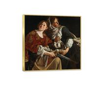 RXNHGJDS artemisia gentileschi quadri moderni soggiorno su tela Judith con la testa Holofernes poster dipinti famosi riproduzione su tela Decorazioni Casa60x60cm(24x24in) Cornice dorata