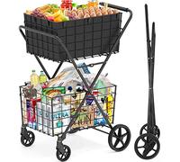 RXUJYC Carrello della spesa pieghevole extra large a 2 livelli su ruote, carrello della spesa da 181,4 kg con 2 cestini rimovibili, fodera impermeabile, resistente