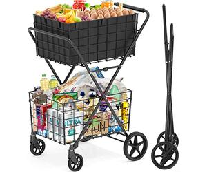 RXUJYC Carrello della spesa pieghevole extra large a 2 livelli su ruote, carrello della spesa da 181,4 kg con 2 cestini rimovibili, fodera impermeabile, resistente