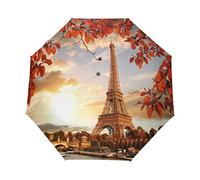 RXYY Torre Eiffel foglie rosse Parigi pieghevole ombrello aperto automatico per donne uomini ragazzi ragazze antivento compatto viaggio leggero ombrello pioggia