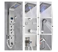 RY Black Shower Column, LED Rainfall Shower Panel, Bathtub Mixer Faucet with Temperature Display, Brushed the SPA Showerhead
