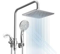 Ryamen, Doppio soffione doccia, soffione doccia a pioggia ad alta pressione da 20,3 cm con doccia a mano con 6 impostazioni, barra regolabile da 38 cm, angolo regolabile, cromato lucido