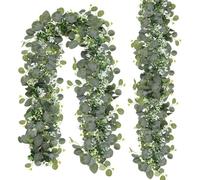 RYMAUP 2 Pezzi Ghirlanda Eucalipto, Pianta Artificiale Ghirlanda 1,8m Sospesa Foglie Verdi Decorazione con Fiori Bianchi Eucalipto Dollaro d'Argento Ghirlanda Decorazione Matrimonio