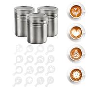RYNA 3 Pezzi Spargi Zucchero a Velo in Acciaio Inossidabile Spargi Cacao in Polvere con 16 Stencil Cappuccino Spargi Zucchero a Velo e Cacao per Caffè Cucina