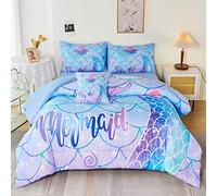 RYNGHIPY Rn208 - Set di biancheria da letto a forma di coda di sirena, 6 pezzi, per bambine e ragazze, con motivo squame di pesce sirena in una borsa, misura doppia, colore: foglia di tè e arcobaleno