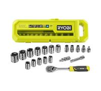Ryobi Set bussole e cricchetto RHRS20PC – 20 pezzi (19 bussole 1/4"), 90 denti